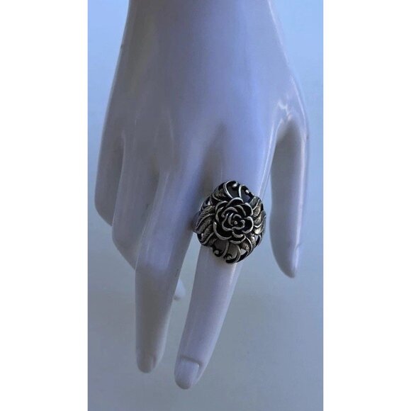 Vintaghe 925 Sterling Silver Carved Rose Flower Ring size 10 Signed Stamped - Picture 11 of 14
